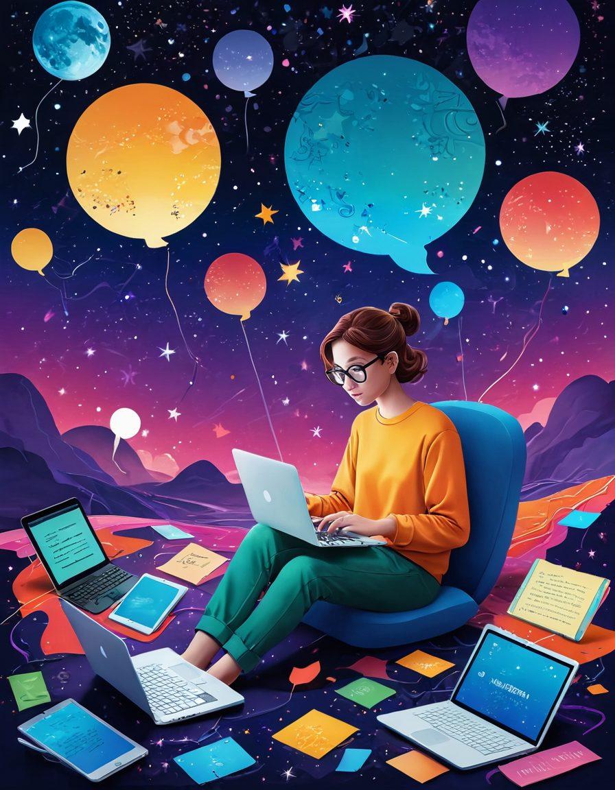 A whimsical illustration of a person exploring a vibrant blogosphere, surrounded by floating text bubbles and colorful digital devices like laptops and tablets. The scene captures the excitement of storytelling with paths made of words leading to various creative writing tools and genres. Bright colors convey energy and creativity, with an enchanting background of a starry night sky. digital art. vibrant colors. fantasy style.