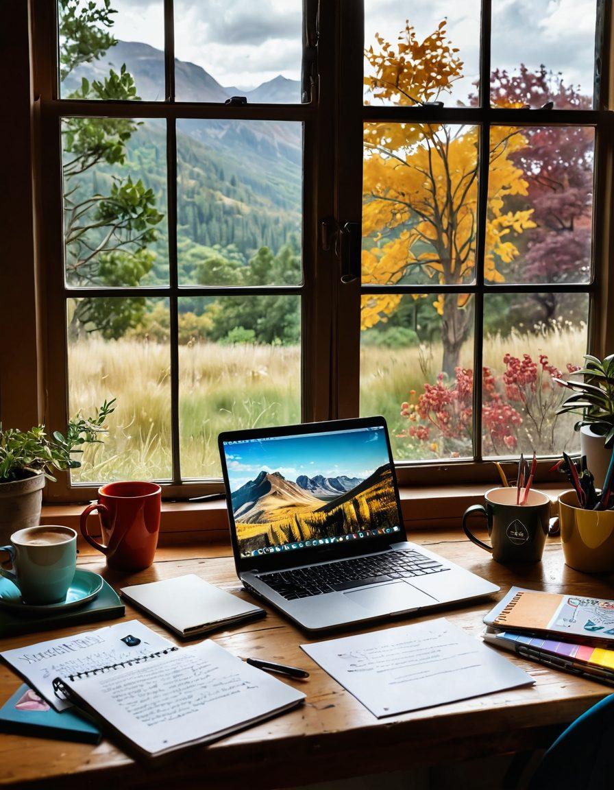 A creative workspace with an open laptop displaying a blog post, surrounded by colorful notebooks, art supplies, and coffee cups. A window shows a bright, inspiring landscape outside, symbolizing creativity and personal expression. Scatter notes with quotes about writing and expressions around the area. warm tones. super-realistic. vibrant colors.