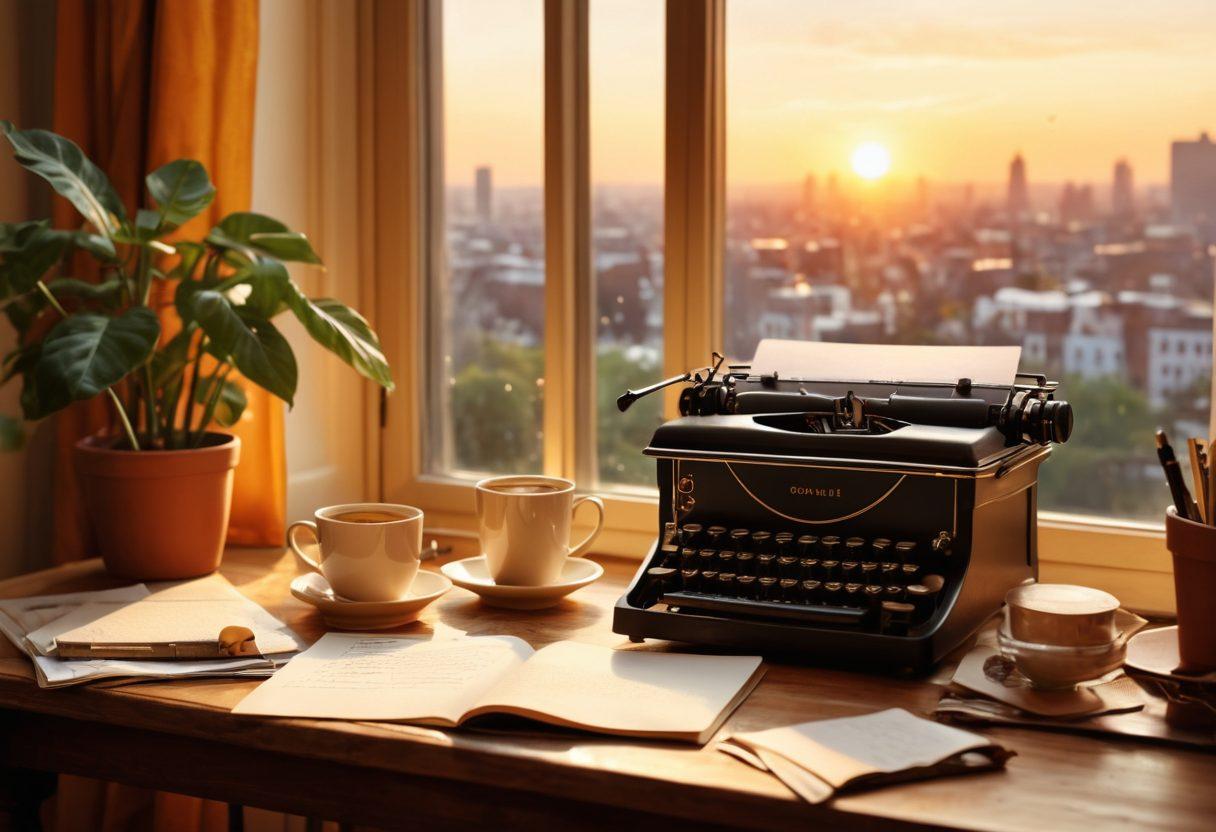 A cozy desk setting featuring a vintage typewriter and a steaming cup of coffee, surrounded by scattered pages filled with creative writing notes. In the background, a window shows a cityscape at sunset, with warm golden light filtering through plants. Icons representing various digital writing tools (like laptops, tablets, and speech bubbles) float around, symbolizing the blogosphere. The scene evokes warmth, inspiration, and creativity. super-realistic. warm colors. cozy atmosphere.